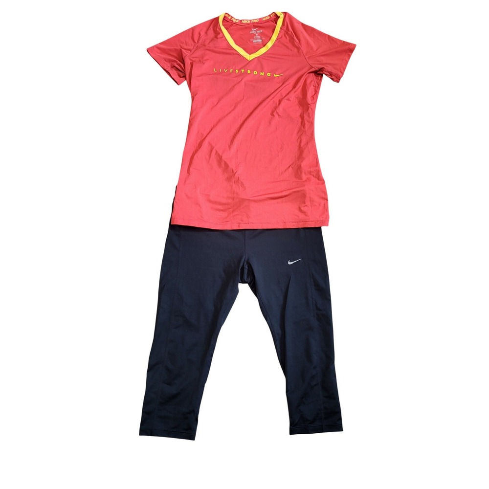 Nike Pro Women's Outfit size Large Red Top Black Capri Leggings Livestrong Set